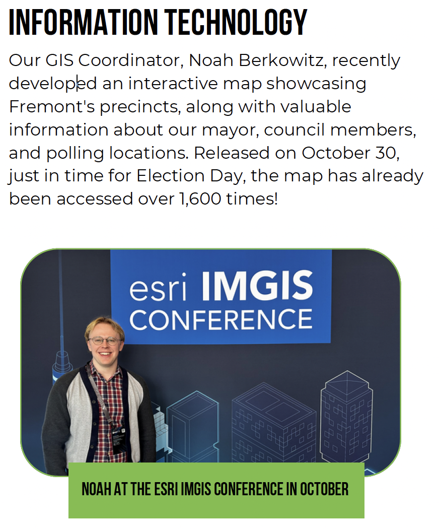 City of Fremont November 2024 newsletter excerpt describing Noah Berkowitz’s interactive election precinct and polling-location map