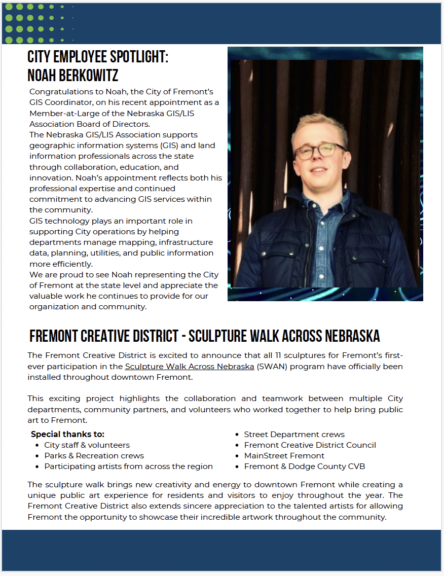 City of Fremont May 2026 employee spotlight congratulating GIS Coordinator Noah Berkowitz on his appointment to the Nebraska GIS/LIS Association Board of Directors